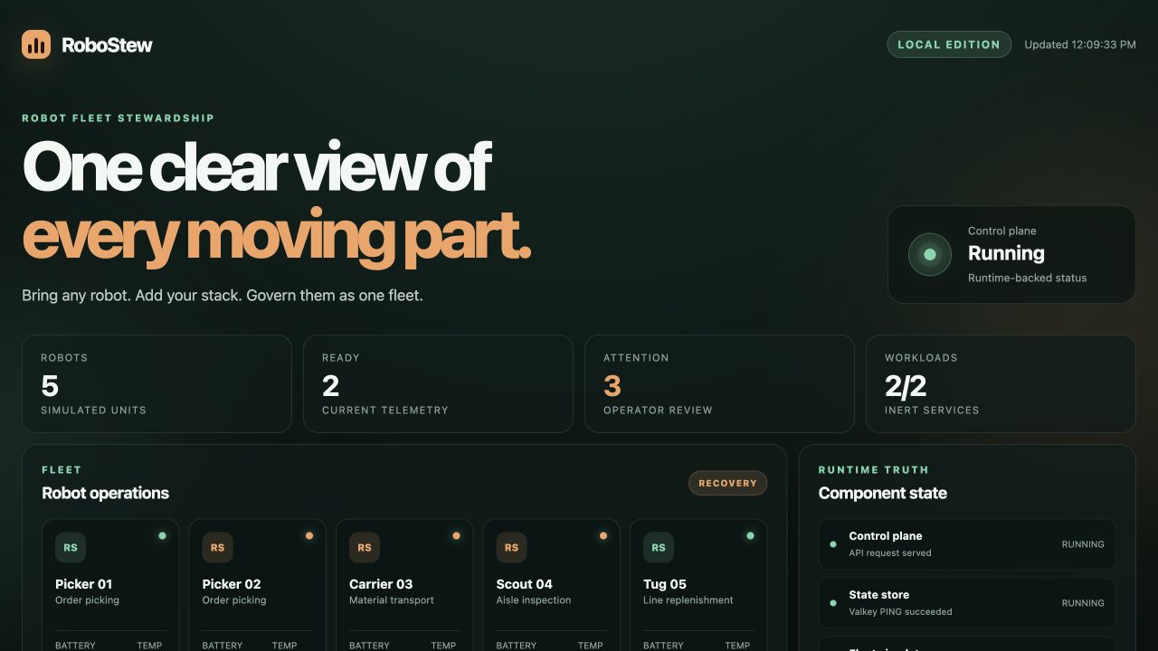 RoboStew local dashboard showing five simulated robots and runtime-backed component states